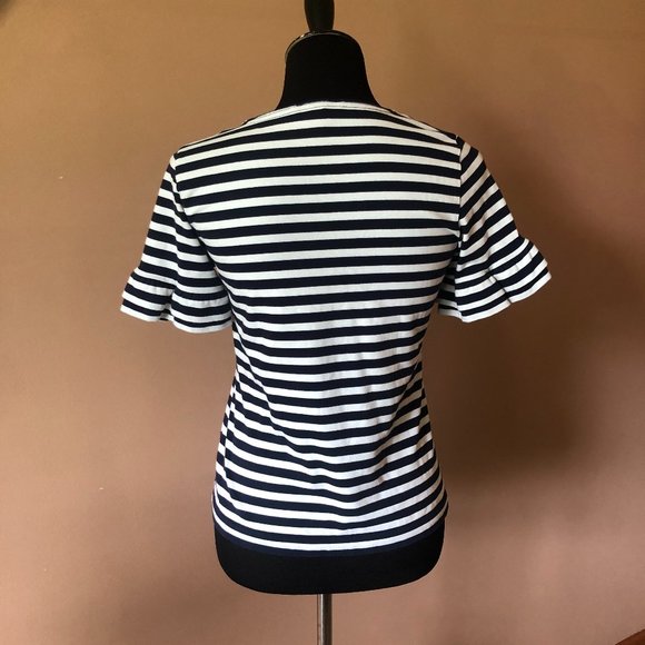 J. Crew Ruffle Bell Sleeve Navy and White Striped Tee - Picture 3 of 5